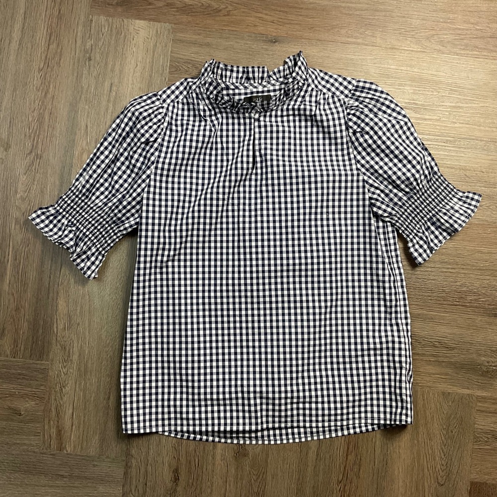 J.Crew Gingham Ruffle Neck Puff Sleeve Boho Cotton Top XS Navy White Cottagecore